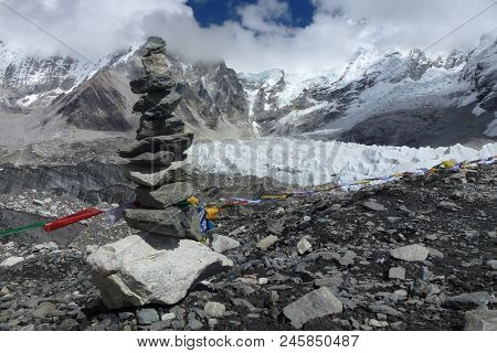 Pika (piled Stones) With Prayer Flags At The Ebc, Everest Base Camp Trek, Nepal