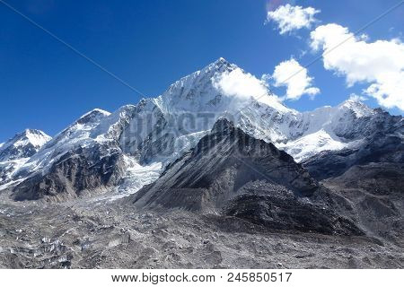 Mount Lhotse, Seen From Gorak Shep, With Blue Sky And Big Clouds, Everest Base Camp Trek, Nepal