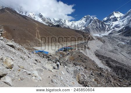 Gorak Shep Village With Blue Sky And Big Clouds, Everest Base Camp Trek, Nepal