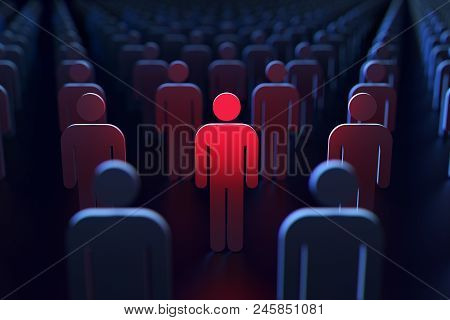 A Person Glowing Red Between Other People As A Concept Of Being Spied By The Government. 3d Renderin