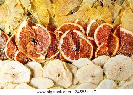 Fruit Chips. Top View. Dry Slices Of Orange, Grapefruit And Apples.