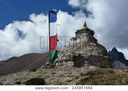 Ancient Stupa In Dingboche, With Prayer Flags, Everest Base Camp Trek, Nepal