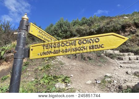 Sign To Tengboche And Gokyo, Namche Bazaar, Everest Base Camp Trek, Nepal
