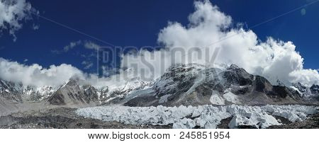 The Himalayan Everest Range With Blue Sky And Clouds, Seen From The Everest Base Camp Trek, Nepal