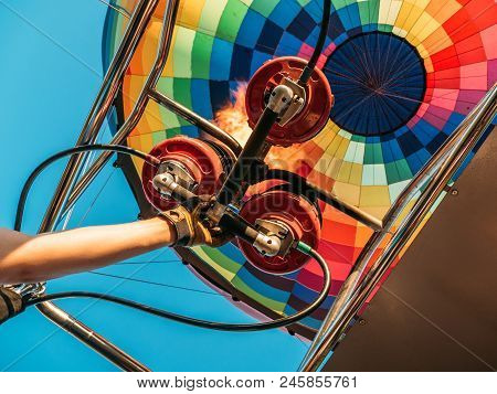 Hot Air Balloon Or Aerostat, Bright Burning Fire Flame From Gas Burner Equipment, Close Up From Insi