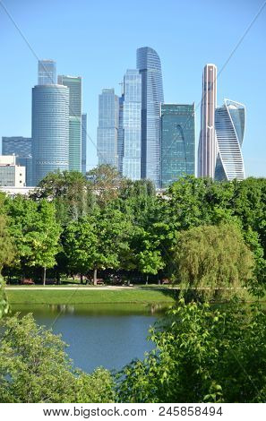 Moscow city skyline across the pond at Novodevichiy Convent