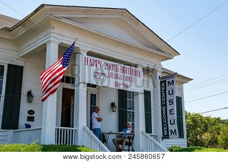 Prattville, Alabama, Usa - May 12, 2018: Prattaugan Museum And Visitor Center With A Banner Celebrat