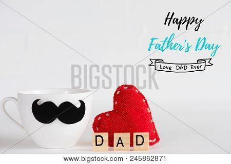 Happy Fathers Day Concept. Handmane Red Heart With Mustache And Bow Tie On Yellow Pastel Coffee Cup 