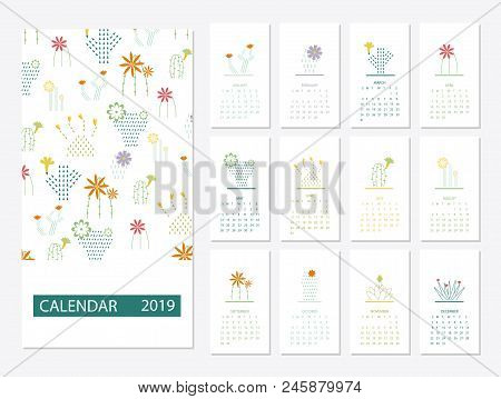 Calendar 2019.calendar With Succulents And Cactus Plants.