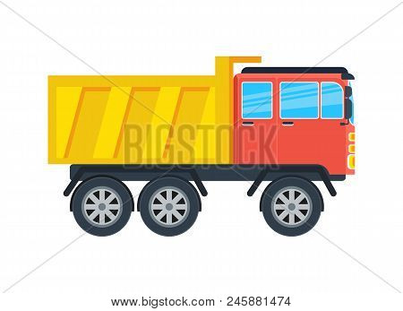 Commercial Tipper Isolated Icon. Modern Lorry Car, Freight Transport Side View Illustration In Flar 