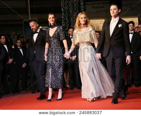 Kate Moran, Yann Gonazalez, Vanessa Paradis and Nicolas Maury attend the screening of 'Knife + Heart ' during the 71st Cannes Film Festival at Palais  on May 17, 2018 in Cannes, France