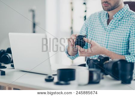 Cropped Half Face Photo Of Professional Successful Guy In Shirt Cleaning Rubbing Lens With Tissue, S