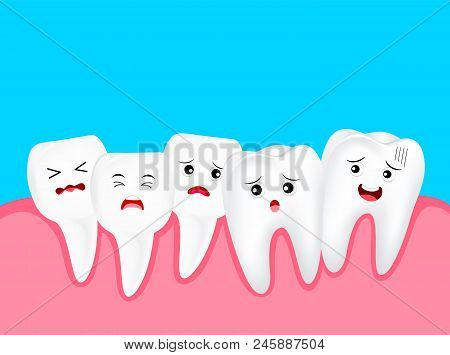 Crowding Tooth, Cute Cartoon Character. Dental Problem Concept, Illustration. Isolated On Blue Backg