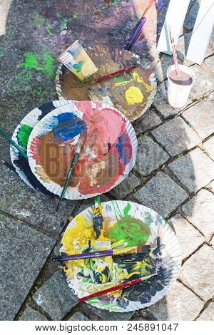 Acrylic Colours On Plate With Paining Brushes For Art Work. Colours Colored Colorful