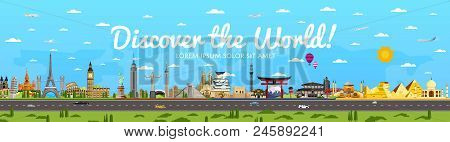Discover The World Poster With Famous Attractions Illustration. Taj Mahal, Todaydzi, Sagrada Familia