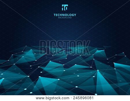 Abstract Technology Blue Color Triangles And Low Polygon With Lines Connecting Dots Structure Perspe