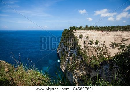 Cement Quarry At Mountain With Ocean View On Nusa Penida, Indonesia