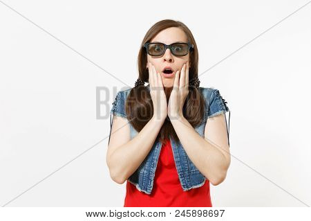 Portrait Of Young Shocked Attractive Brunette Woman In 3d Glasses And Casual Clothes Watching Movie,