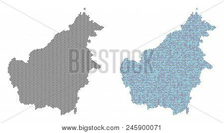 Dot Borneo Island Map Version. Vector Geographic Plans In Black Color And Cold Blue Color Variations