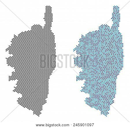Pixel Corsica France Island Map Version. Vector Geographic Plans In Black Color And Blue Color Tints
