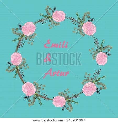 Wedding Or Holiday Wreath . Delicate Flowers On Light . Watercolor Vector Illustration. Summer Green