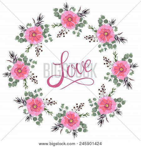 Wedding Or Holiday Wreath . Delicate Flowers On Light . Watercolor Vector Illustration. Summer Green