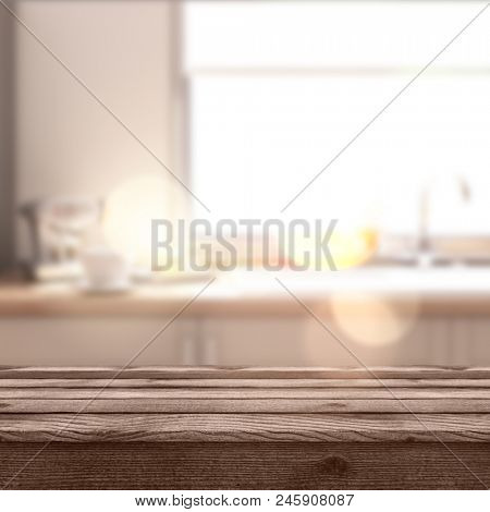 3D render of a rustic table looking out to a defocussed modern kitchen