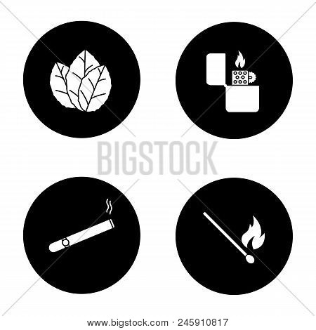 Smoking Glyph Icons Set. Tobacco Leaves, Flip Lighter, Cigar, Burning Matchstick. Vector White Silho