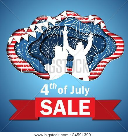 Independence Day Sale. Funny Paper Cut Banner For Independence Day July 4 Usa With Statue Of Liberty