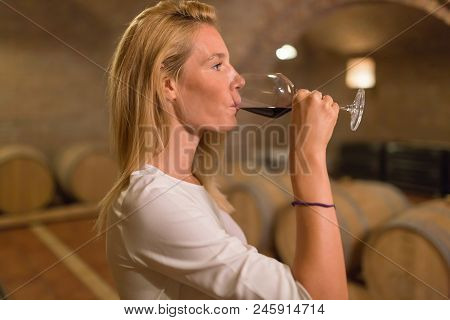 Beautiful Woman Oenologist Tasting Wine In Winegrower Cellar