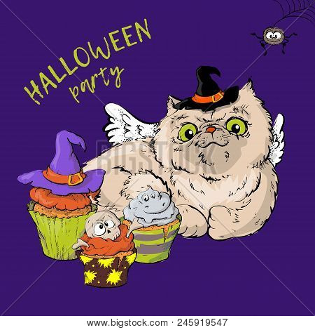 Cartoon Cute Cat Character In A Witch S Hat With A Skull Capkake And A Halloween. Vector Illustratio