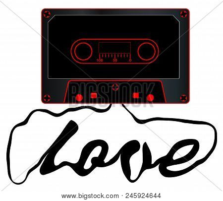 A Typical Old Fashioned Audio Cassette In Black Over A White Background With Unwound Tape Spelling T