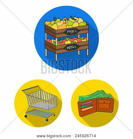 Supermarket And Equipment Flat Icons In Set Collection For Design. Purchase Of Products Vector Symbo