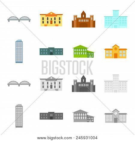 Skyscraper, Police, Hotel, School.building Set Collection Icons In Cartoon, Monochrome Style Vector 