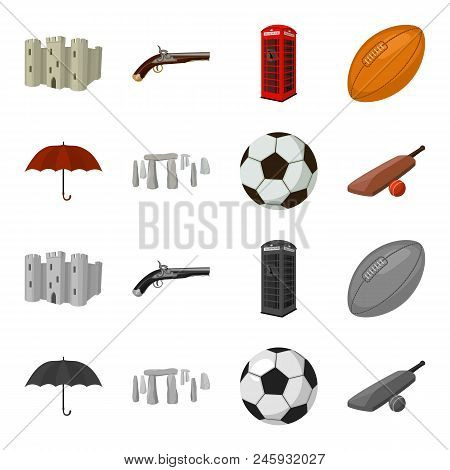 Umbrella, Stone, Ball, Cricket .england Country Set Collection Icons In Cartoon, Monochrome Style Ve