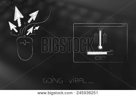 Go Viral Online Conceptual Illustration: Clickrate Icon Next To Pop-up Message With Thermometer And 