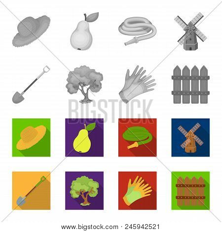 A Shovel With A Handle, A Tree In The Garden, Gloves For Working On A Farm, A Wooden Fence. Farm And