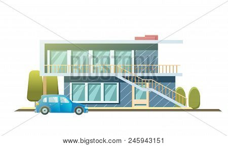 Facade Apartment House, Cottage. Flat Style Background Of Trees, Car. Architecture Cottage Building.