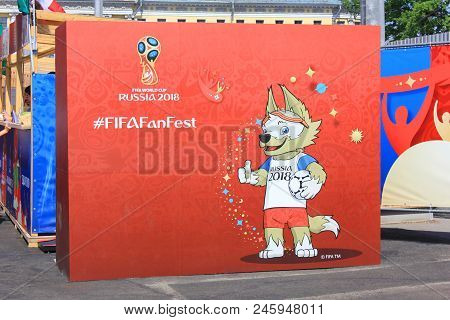 St. Petersburg, Russia - June 18, 2018: Big Banner With Zabivaka Official Mascot Of Fifa 2018 World 