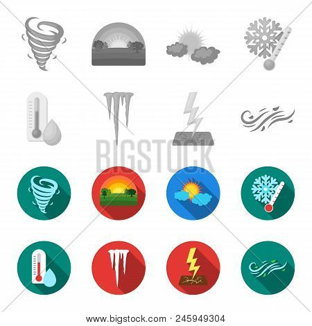Humidity, Icicles, Thunderbolt, Windy Weather. Weather Set Collection Icons In Monochrome, Flat Styl