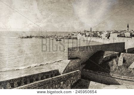 Embankment And City Beach Of Old Arabic City Akko, Located North Of Israel. Sailboats Moored At The 