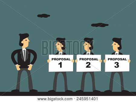 Three Cartoon Businessmen Holding Business Proposals For Client To Choose. Creative Cartoon Vector I