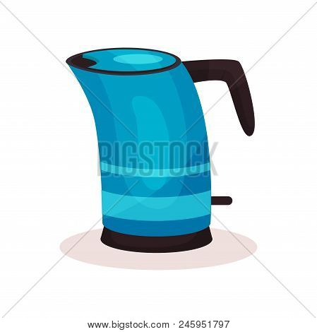 Cartoon Illustration Of Bright Blue Steel Kettle With Black Plastic Handle. Modern Kitchen Appliance