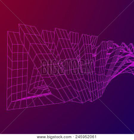 Futuristic Tunnel Of Wireframe Low Poly Mesh Construction. Futuristic Background, Business Concept. 