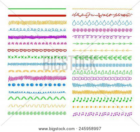 Vector Colorful Doodle Divider Lines, Borders Set Isolated On White Background.