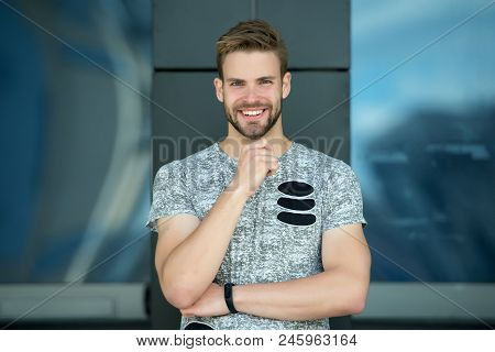 Happy Man With Beard On Smiling Face Outdoor. Macho Smile In Grey Tshirt. Casual In Style. Happy And