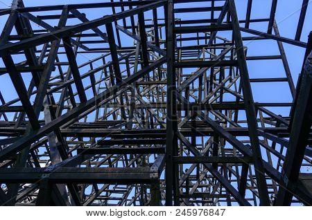 Abstract wooden Construction of art object in nikola lenivec park architectural background