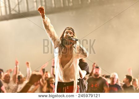 CAMDEN, NJ-JUNE 17: Jared Leto of 30 Seconds to Mars performs on June 17, 2018 at BB&T Pavilion in Camden, New Jersey.