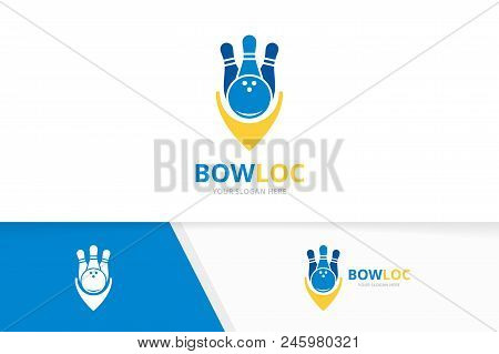 Vector Bowling And Map Pointer Logo Combination. Game And Gps Locator Symbol Or Icon. Unique Kegling