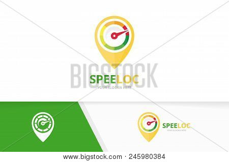 Vector Speedometer And Map Pointer Logo Combination. Tachometer And Gps Locator Symbol Or Icon. Uniq